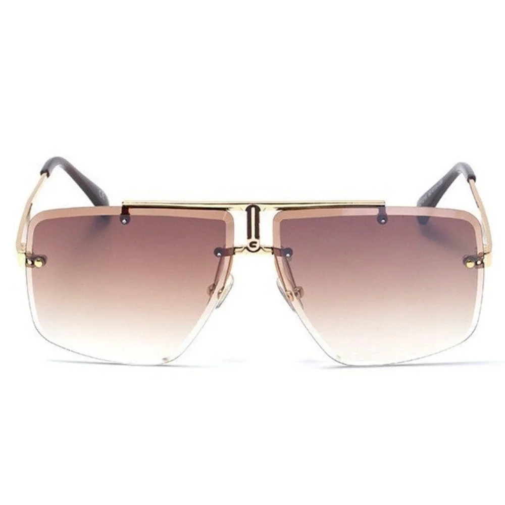 Sunglasses Brown Lens Men's Fashion Rimless Square Gold Accents UV400 Lentes New